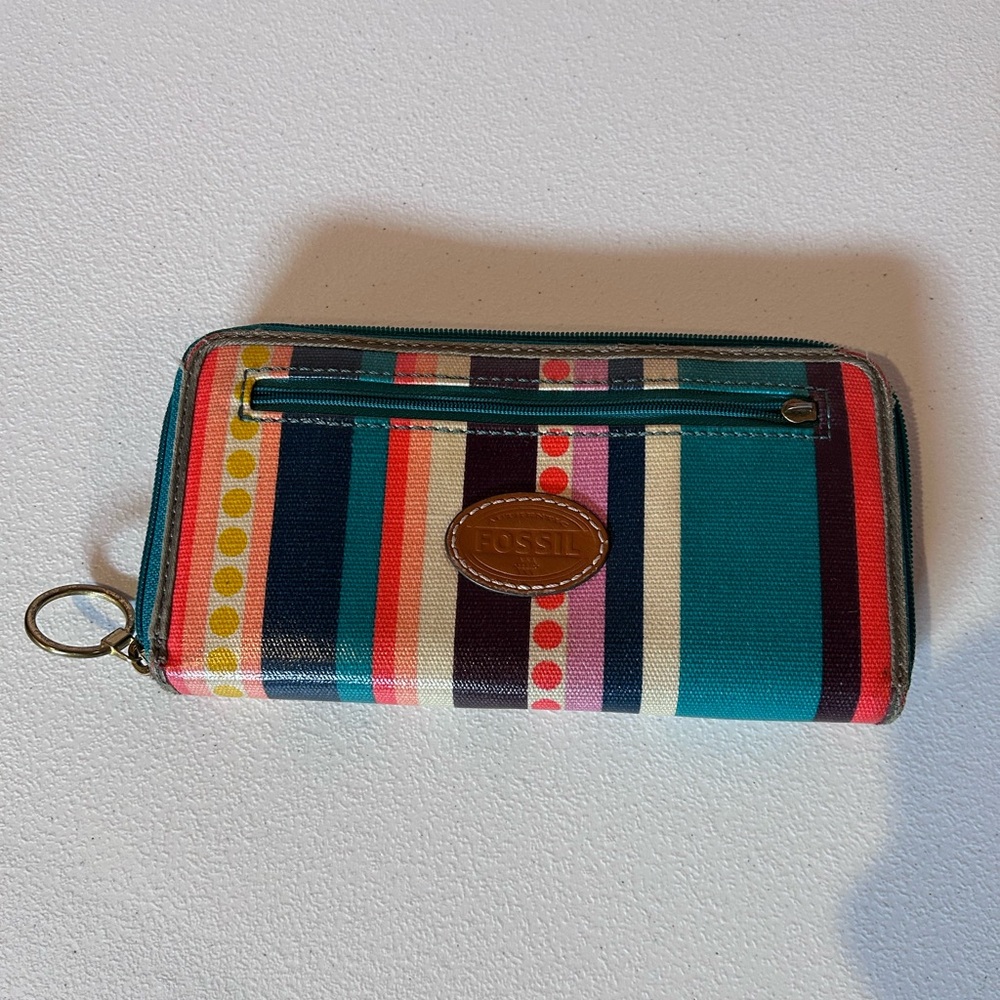 Fossil Multicolor Striped Wallet Leather Zip Around Organizer Clutch Colorful